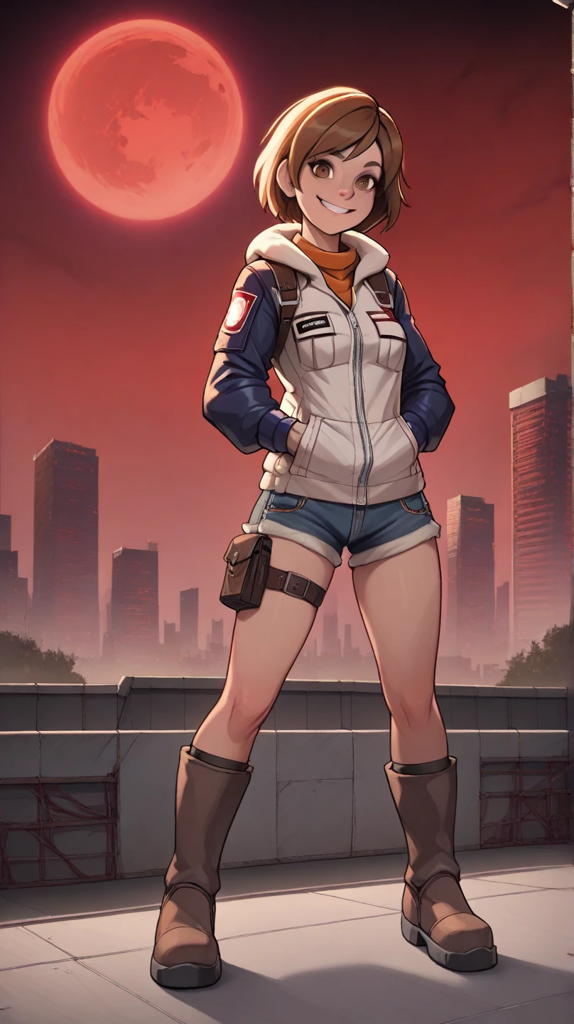 score_9, score_8, 1girl, teen, heather mason from silent hill, brown eyes, cute, smile, unreal engine, masterpiece, artwork, high quality, on the rooftop, background skyline, midnight, red moon in middle, battle boots, full body view