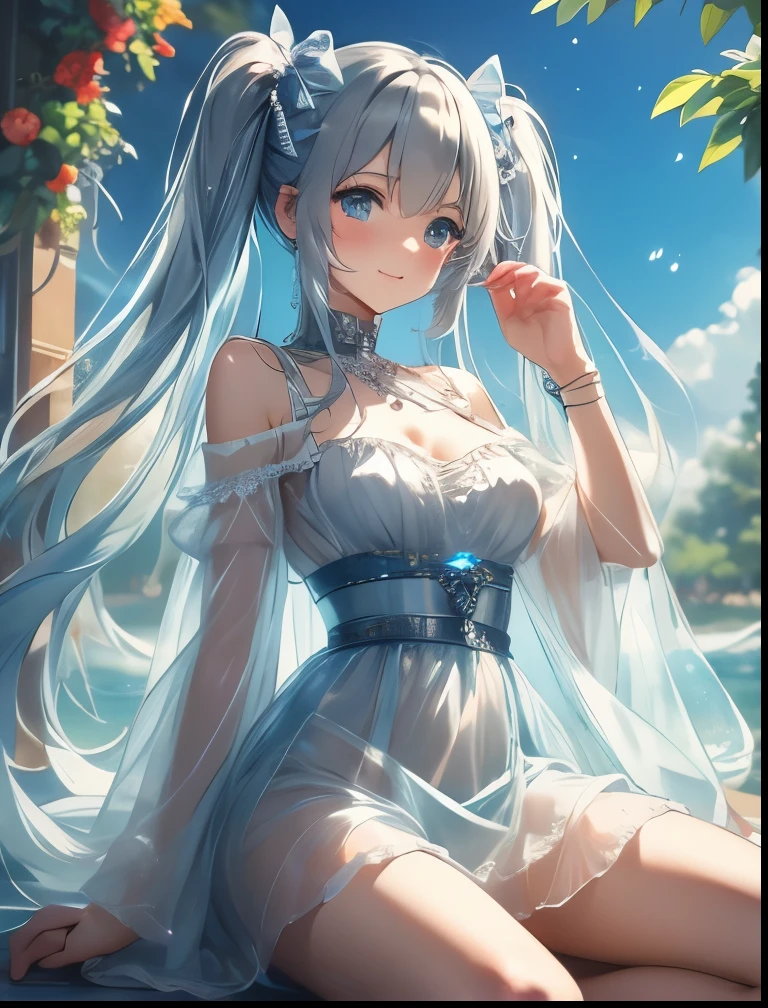 （（（ＳＦＷ、Precision、Highest quality、A first-class masterpiece、Normal body、8k、  Detailed Face 、Ultra-precision、 Normal hand、５refer to、Highest）））、" Spirit Fantasy"、Celia Claire、Celia Claire、 Silver Hair、 twin tails、 short、 slender、Big Breasts、sheer sheer transparent dress 、 sheer sheer transparent mini skirt、 gentle shy blush smile、 Open Legs Sexy Poses That Make the Highlights Go Away、Chain lead slave collar、The Fall of Slaves