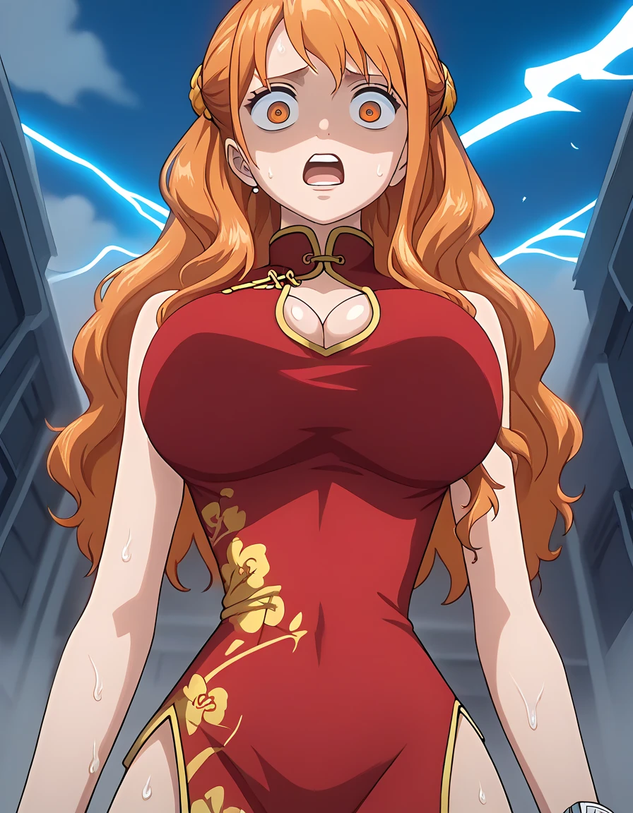 score_9, score_8_ up, score_7_ up,  source_Anime,  top quality,  clear face , We,   orange hair,  orange eyes,  long hair,  Big Breasts,  perfect body,  is standing,  Watch Viewers ,  shocked,  china dress,  red clothes,  dynamic angle with blue lightning, indoor,  wet close , Blancing , embarrassing,See-through clothes , big breasts, touches chest,  view from below, bending over, torn clothes 