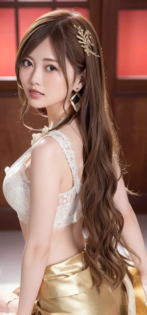 Best quality, super detail, masterpiece, fine detail, high resolution, portrait, 8k wallpaper, realistic details, clothing details, skin details, detailed eyes, photoshop \(medium\), slim body, 1 girl, Japan people, 30 years old, beautiful eyes, bare skin, well-formed face, bangs, blunt bangs, huge, (pleasant look), mouth open, close-up, white skin, medium hair, brown hair, lace bra, buttocks visible, buttocks sticking out, big butt, kneeling,