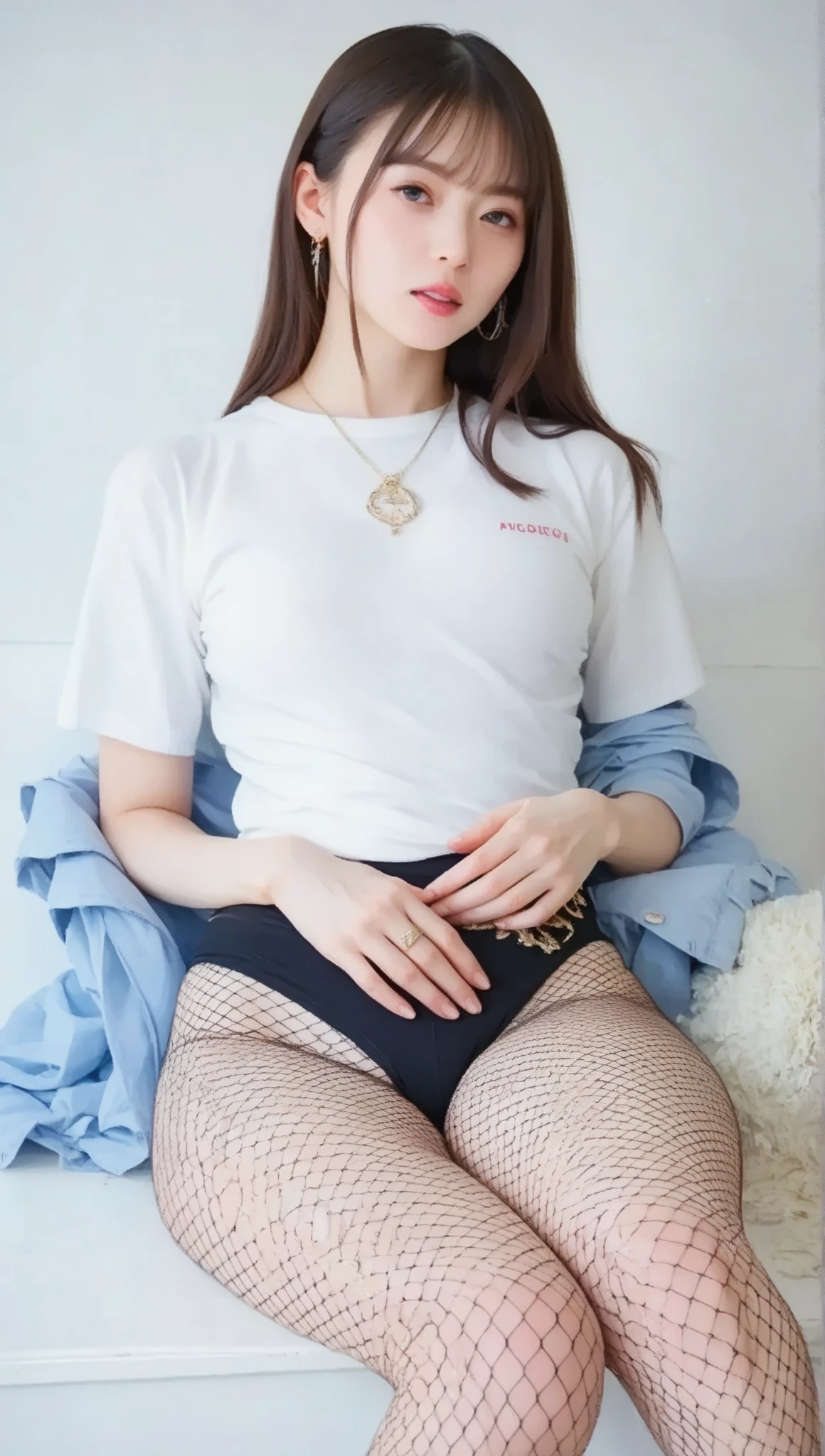 black t-shirt,off-shoulder look,bare shoulder,ollarbone,midriff peek,Tight denim mini skirt,(open mouth:1.5),(tongue out:2),lying,arms between legs,overhead shot,front view,face focus,(1girl,Beautiful 14 year old girl),((Slender,Small breasts,Small face,)),(looking at viewer),Black Hair,bangs,one side up,Beautiful and detailed,(Dimly lit room:1.5),Black bed,pillow,Mischievous smile,Low lighting
