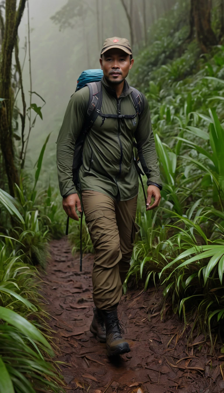 beautifull young stud, 28 years old, wearing wet (thongs), (massive bulge), hiking, body hair, sweat, backpack, intricate, perfect body, art, masterpiece, youthfull face, full of energy, athletic, buzzcut, hairy chest