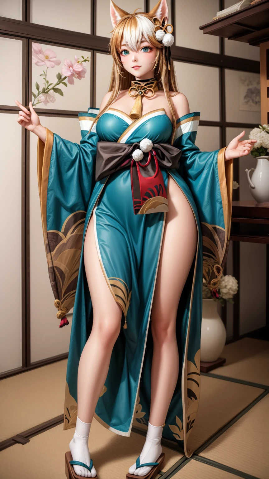 4K realistic,20 years old Japanese girl,Long powder-blue hair that reaches the waist,Blue cheongsam,Big cyan eyes,Bare pink panties,Kneel on the bed,Show your toes