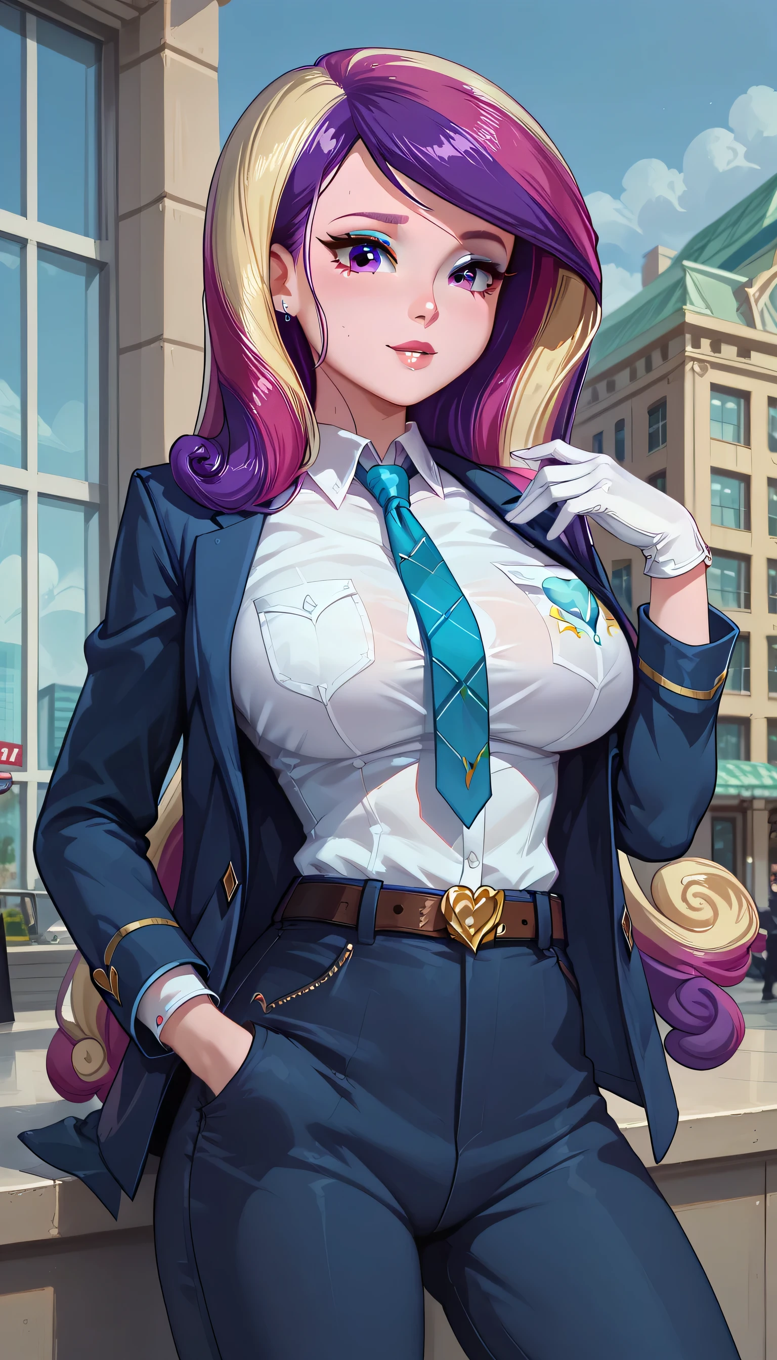 1girls, solo, female_focus, necktie, formal, gloves, suit, , adjusting_clothes, belt, hand_in_pocket, shirt, , jacket, pants, long_sleeves,large breast,Expressiveh,Windows, Building,dean cadance
