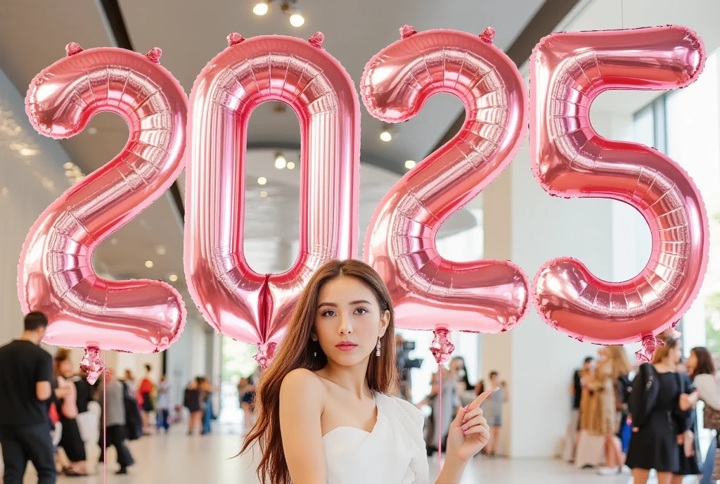 detail photo, detail face, beautiful young woman behind the foil balloon in word '2025', 100 pieces foil balloon, in the hall
