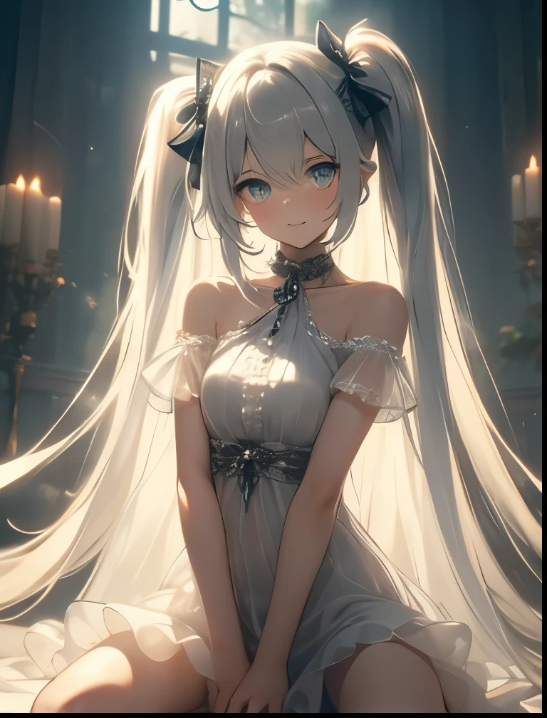 (((SFW、Precision、Highest quality、A first-class masterpiece、Normal body、8k、 Detailed Face 、Ultra-precision、 Normal hand、5refer to、Highest)))、" Spirit Fantasy"、Celia Claire、Celia Claire、 Silver Hair、 twin tails、 short、 slender、Big Breasts、rolled up sheer sheer transparent dress、 sheer sheer transparent mini skirt、 gentle shy blush smile、 Open Legs Sexy Poses That Make the Highlights Go Away、Chain lead slave collar、The Fall of Slaves、 hypnotic state 、Hypnotic、 Hollow Eyes、Mysteriously glowing eyes、Obedience