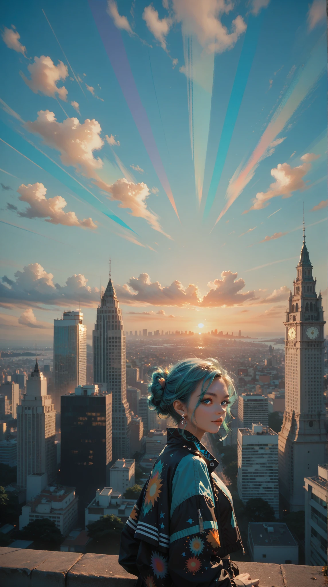  anime silhouette of a woman dressed in black, sunrise city background ,Aqua blue eyes , kaleidoscope ，