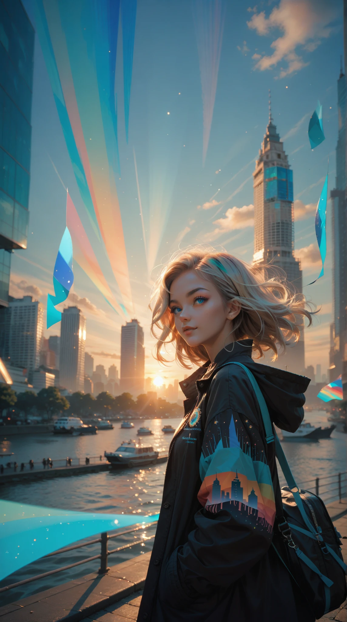  anime silhouette of a woman dressed in black, sunrise city background ,Aqua blue eyes , kaleidoscope ，