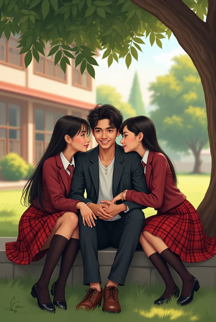 (((Threesome, 1 female in pantyhose, 2 males))), UHD, photorealistic, 2 naked male teenagers stand on either side of the teacher wearing backpacks with cocks are showing, sexy teacher wearing an open silk blouse, skimpy leather skirt that is pulled up around her waist to expose her sheer black pantyhose, (((female teacher is sitting on a desk with her legs open))), 2 students are standing beside her, pre-gang bang, young men grab her knees and open her legs to show her shaved vagina that is visible through her sheer pantyhose, makes fondle her and touch her pantyhose crotch, shaved vagina is visible through her sheer pantyhose, perfectly drawn hands, her arms are around them, she caresses their heads with her hands, classroom