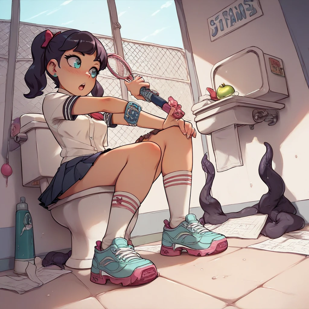 Pretty schoolgirl with short skirt , long socks, black tennis shoes with white,  hidden in the school bathrooms from a pair of tentacles that come out of the toilet to catch her