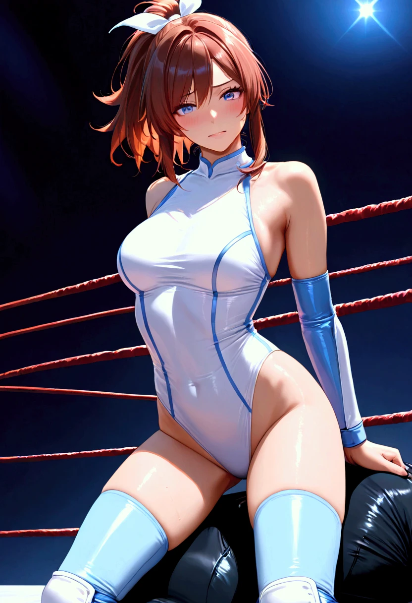 ((((masterpiece)))), ((  unity 8k wallpaper ,  Photorealistic  )), ((  detailed face  )),  Female Pro Wrestler with Floating Legs,Umezaki Haruka  ,Frightened face,, Ponytail,ribbon, pure white leotard ,Elbow guard,  leg protector  ,  pro wrestling 3 ropes are strung on all sides,Standing as if straddling the top of 3 strung ropes, Floating Legs ,Disgusting secretions sticking to ropes 