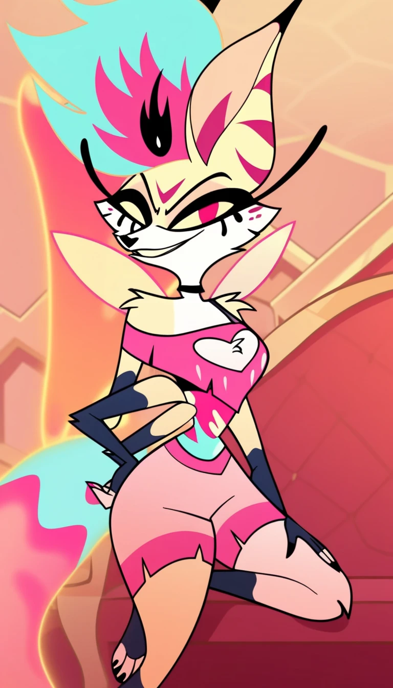 (masterpiece, best quality:1.2), Queen Bee female hellhound, wolf, furry, helluva boss, hypnotized with glowing purple eyes, tongue out, tribal clothes, dancing ridiculously