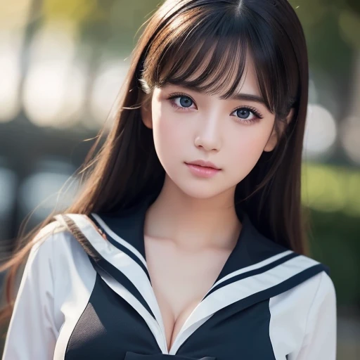 1 girl, (highest quality:1.4), (super detailed), (Highly detailed beautiful face), wonderful face and eyes, black eye, black hair, (sailor suit), (cleavage), Smooth, Highly detailed CG integrated 8k wallpaper, High resolution raw color photos, professional photos, light, Backlight, dream-like, impressive, Depth of bounds written