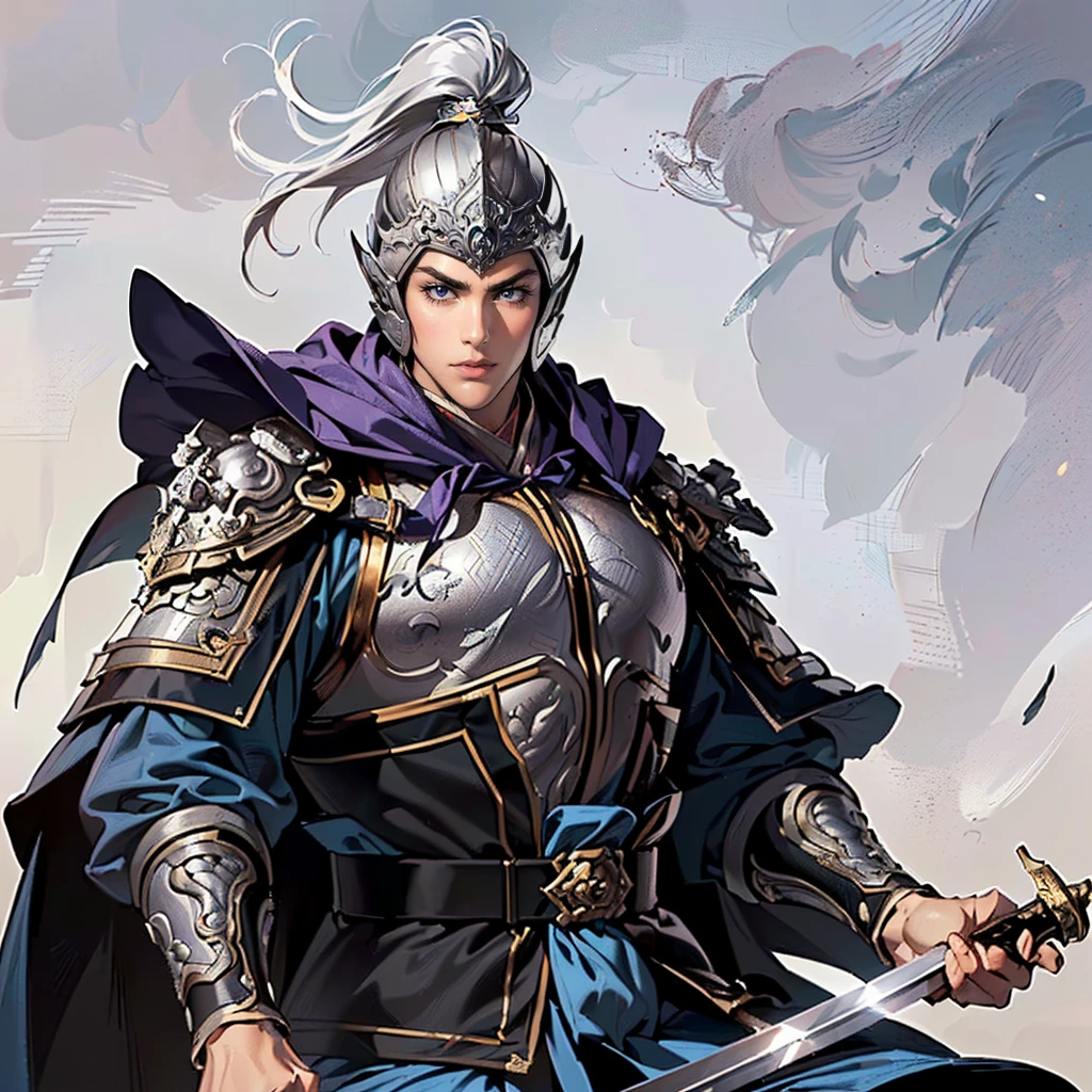 ( top quality,4K,8k, high resolution,masterpiece:1.2),super detailed,(super fine illustration),((( A man in armor with a sword drawn in an anime-style illustration ))),20 years old,(handsome man:1.3, neutral face ),Heroes of the Three Kingdoms,Expression full of supremacy ,((Long black hair and droopy bangs :1.3)), detailed eyes :1.2, perfect eyes,(( Attractive Dark Eyes )),( well-trained body, thin macho),cinematic lighting, soft shadows,((Silver armor with designs leading up to detailed works of art :1.3, is deeply covered by an ancient Chinese silver helmet drawn in detail:1.3,A large purple cloak fluttering in the wind behind its back :1.3,dynamic pause:1.3, holding an ancient Chinese sword drawn in detail :1.3)),(( cowboy shot :1.2)),(( white background:1.3,simple background:1.2)),(( :1.3, depicted so as not to be visible from the tip of her head to above her knee :1.3))