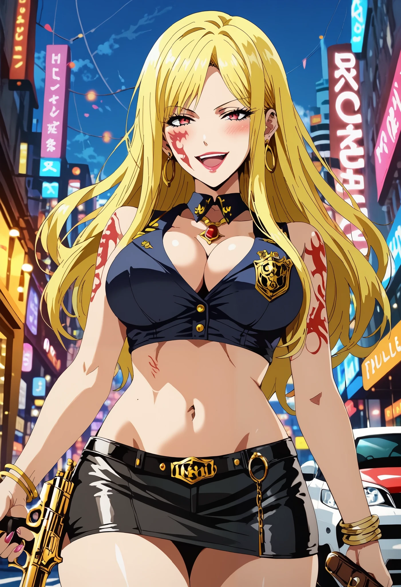 (masterpiece), (best quality), score_9, score_8_up, score_7_up, (masterpiece:1.2), (best quality:1.3), 1girl ,long hair, blonde hair, mira_magi, blonde hair, facial mark, jewelry, , ear piercing, long hair, blush, lipstick,Hot girl, baddie, smoking, sensual, attractive ,bar
background, inside bar,indoors, cityscape, casino, nightclub, city lights, masterpiece, best quality, highly detailed, a anime girl in police uniforms , police outfit, military outfit,
open mouth, cleavage, evil smile, smile, ecchi anime style, anime girl, digital anime art!!, in anime
style, (nsfw) not safe for work, official artwork, , beautiful anime girl, anime style 4 k, micro pencil
skirt, pencil skirt, micro skirt, exposed
belly, exposed navel, exposed midriff, exposed lower belly, holding a gun, holding pistol,next to police
car,outdoor,street,road, police car, nipple slip,,from below, narrowed eyes, tattoo on body, tattoo midriff, dragon tattoo, 