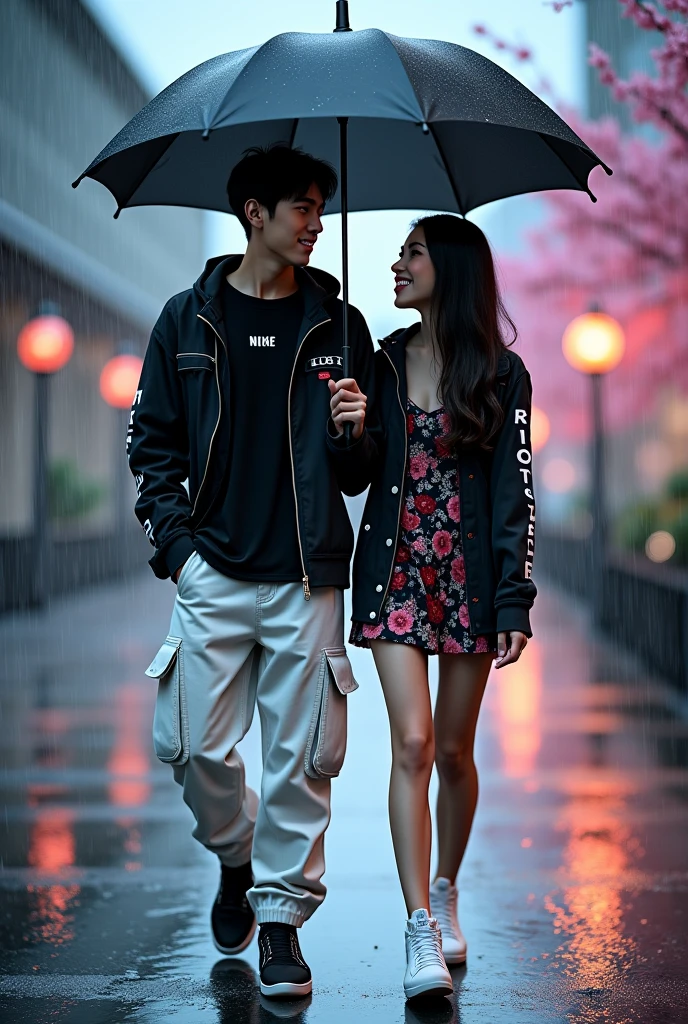 anime hd picture in transparante umbrella holding couple walking on hand to hand