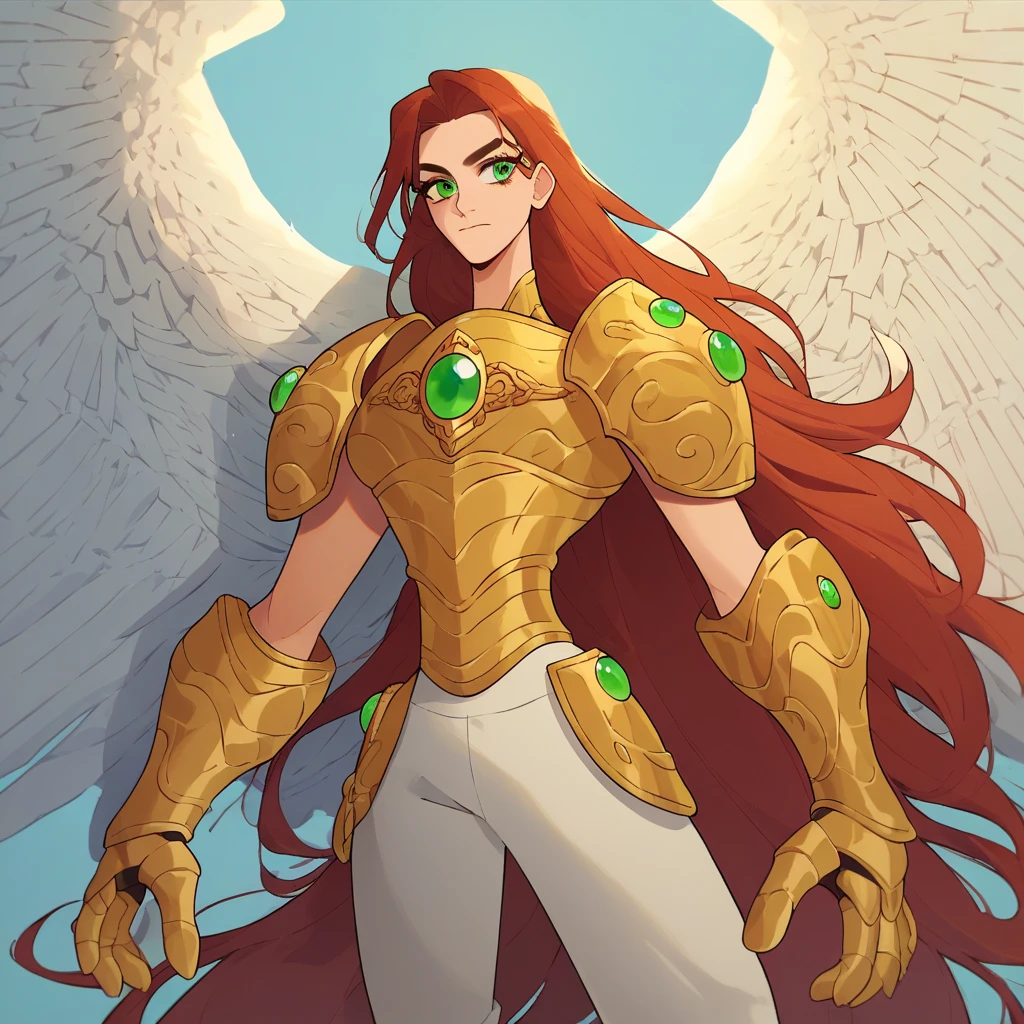 1 woman,  green eyes, alas, angel alas,  armor , metal  armor , golden  armor , cabello negro, big , long paint  ,  white pants,  long hair, sun  armor ,I10