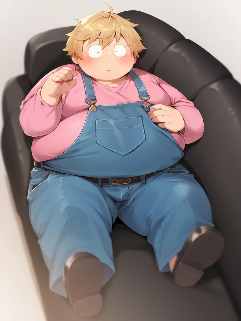 obese boy with blue eyes and blond hair who lives in the room playing roblox 