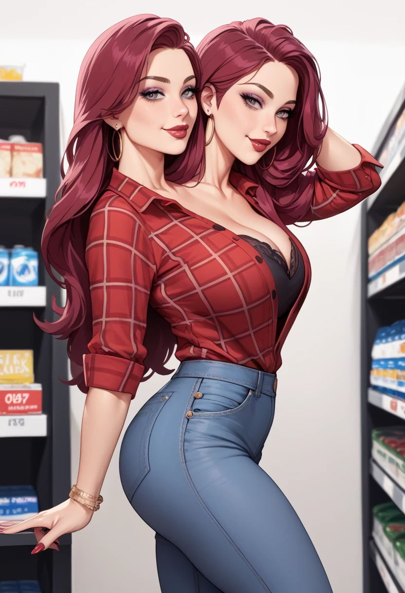 ((Red hair)), green eyes, long hair up to half, bust, ((full lips)), ((Masterpiece)), ((detailed)), (topless)), ((open jean shorts)), ((Best Quality)), ((shopping outside)), very large breasright)), (pretty eyes), looking at the viewer ((top-less))