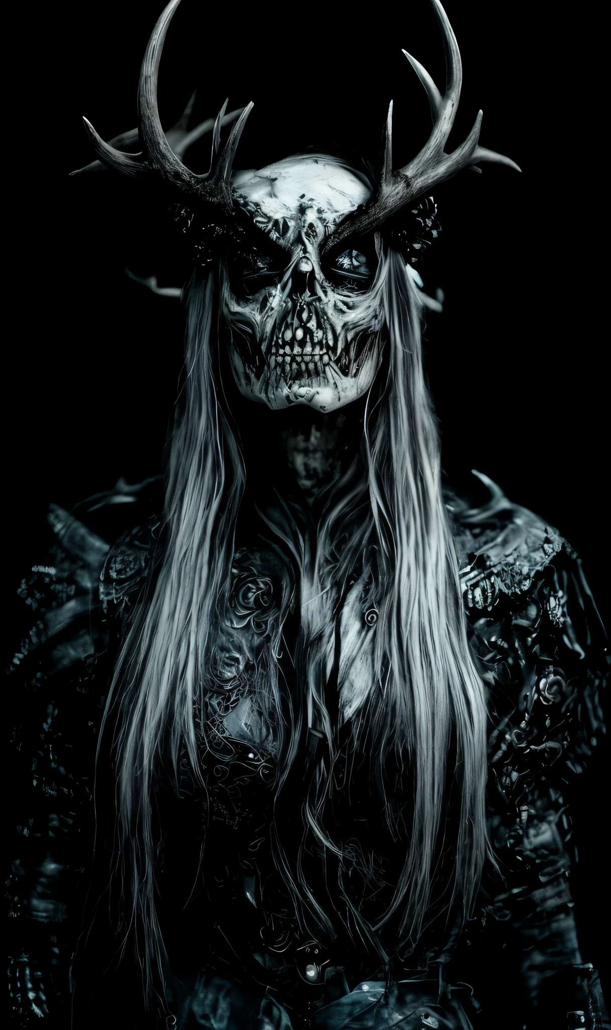 An extremely detailed hyper realistic photo depicting a horror monster zombie horrifyingly striking otherworldly female figure with mottled grey rotting skin and cold dead eyes who appears to be an undead. She has long, platinum blonde hair and piercing blue eyes, and is adorned with a dramatic, antler-like headdress that lends her an almost regal, supernatural quality. Her black iron armor is ornate and elaborate with intricate scrollwork in platinum metallic accents. The overall aesthetic is grim dark fantasy meets gothic romance drawing particular inspiration from the undead hollows of Dark Souls, evoking a sense of mystery and power. The woman's expression is one of poise and intensity, her gaze direct and captivating. The stark, high-contrast lighting and dark background add to the sense of drama and mystery surrounding this enigmatic figure. The image presents a visually striking figure that seems to bridge the realms of reality and fantasy, exuding a sense of otherworldly allure and command despite her stomach churning, horrifying undead nature.