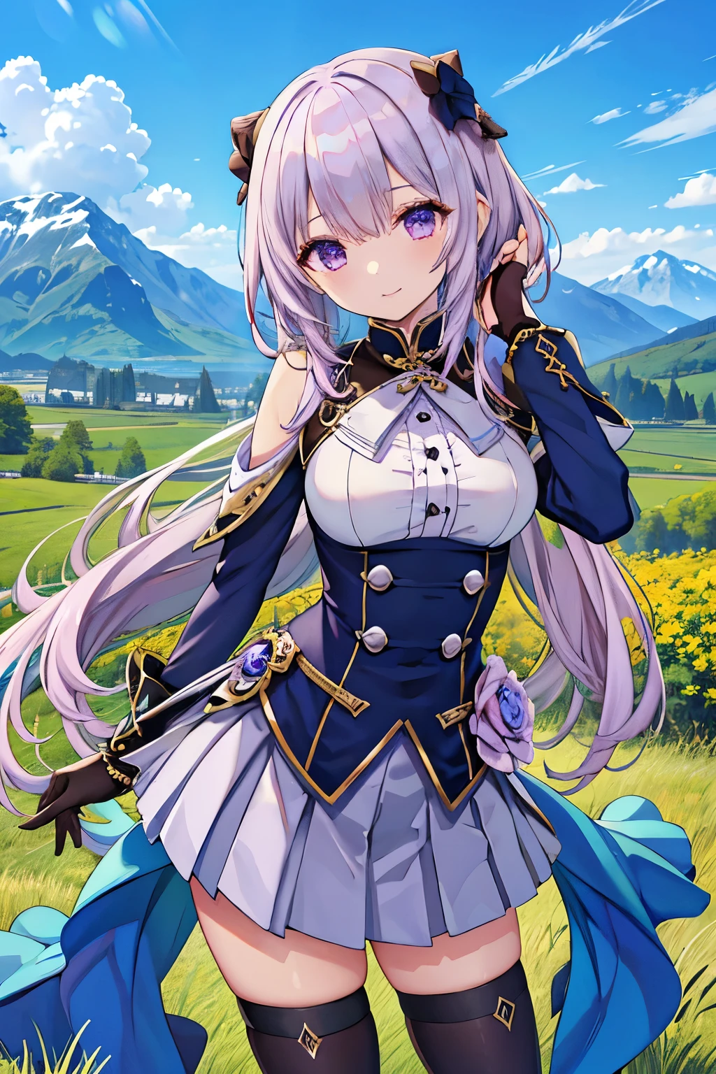 Super High Resolution Super Quality、anime、Zoom in Enlarge 、Smile、Fantasy、Magic Taoist、High quality texture of the clothes, realistic texture of the material, luxurious adventurer clothes, sparkling jewels, silver decorations, platinum, brown leather gloves, thigh-high skirt, joy, beautiful girl has a nice body, lilac hair, eye highlights, navy purple eyes, upper body, snap, blue sky, distant mountain range, grassland with no buildings