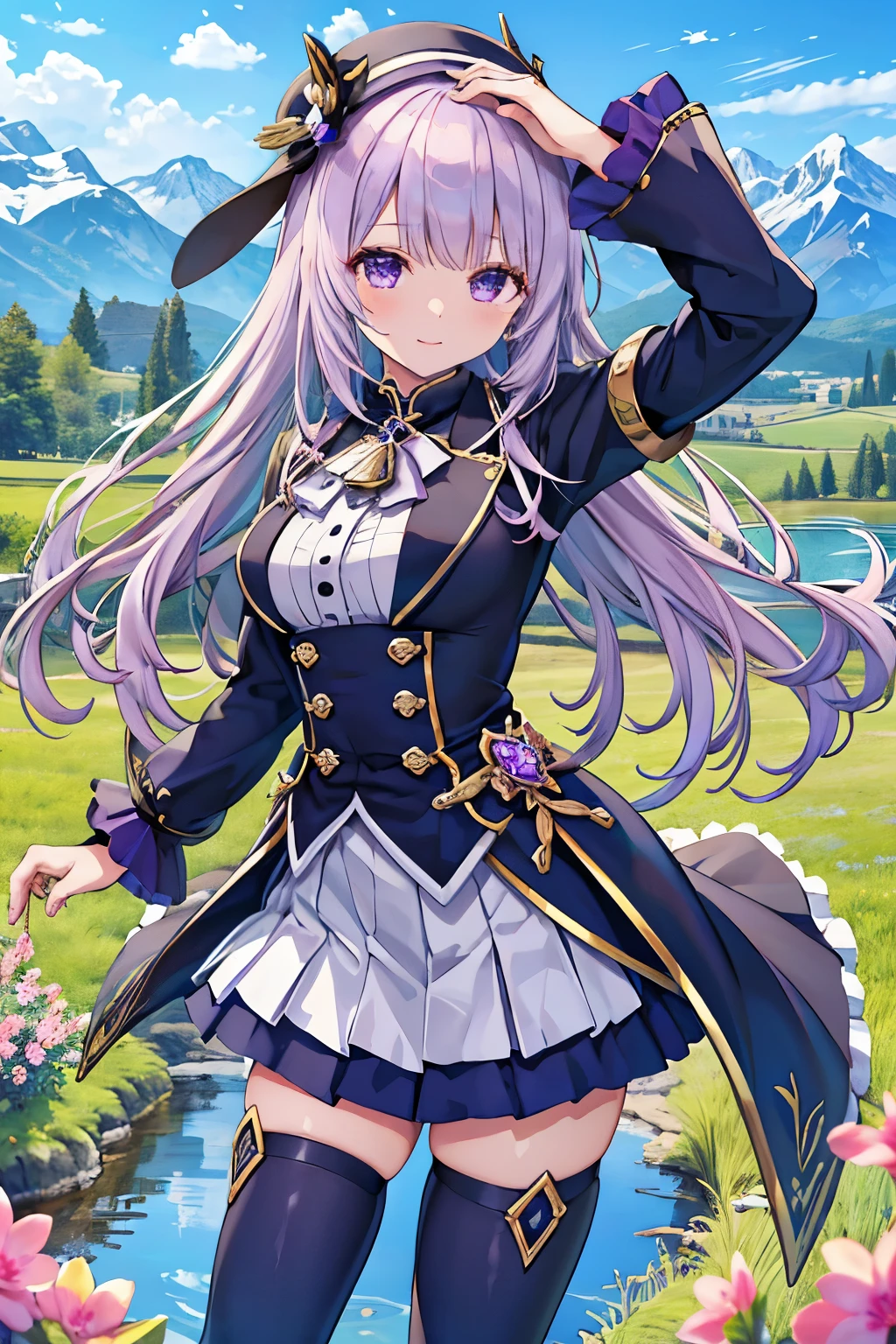 Super High Resolution Super Quality、anime、Zoom in Enlarge 、Smile、Fantasy、Magic Taoist、High quality texture of the clothes, realistic texture of the material, luxurious adventurer clothes, sparkling jewels, silver decorations, platinum, brown leather gloves, thigh-high skirt, joy, beautiful girl has a nice body, lilac hair, eye highlights, navy purple eyes, upper body, snap, blue sky, distant mountain range, grassland with no buildings