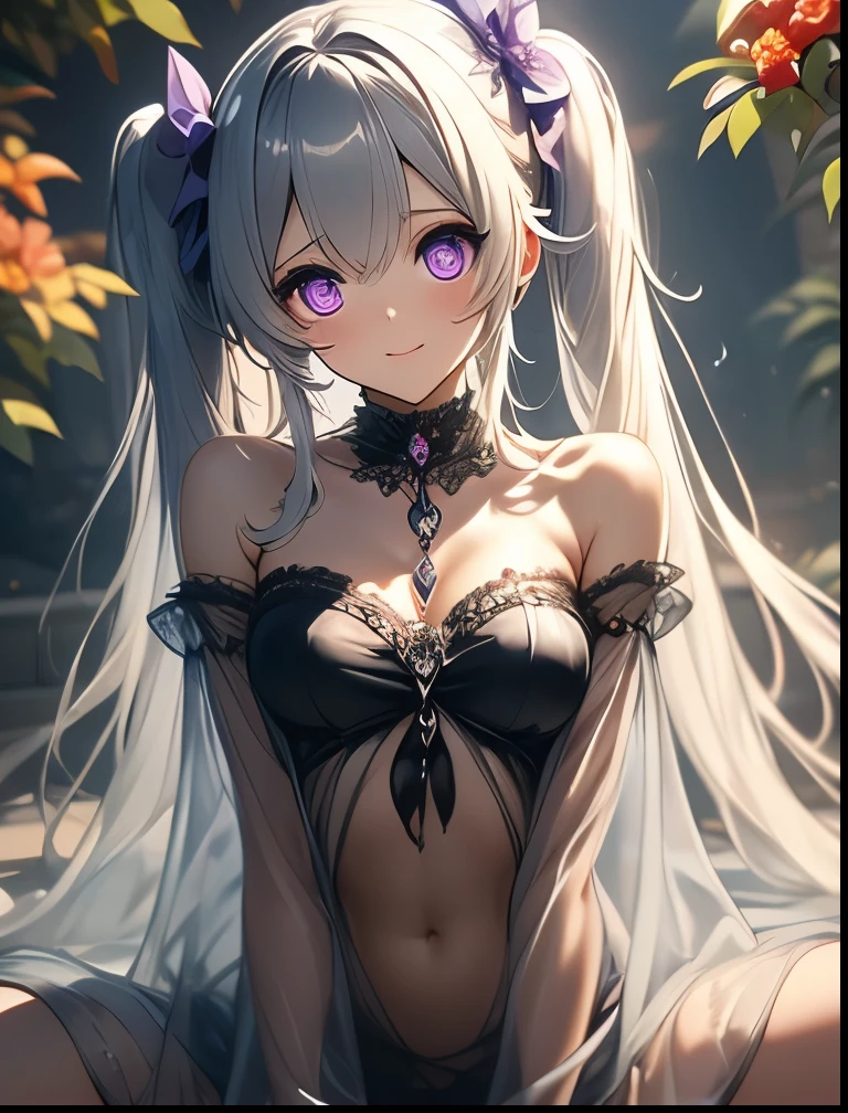(((SFW、Precision、Highest quality、A first-class masterpiece、Normal body、8k、 Detailed Face 、Ultra-precision、 Normal hand、5refer to、Highest)))、" Spirit Fantasy"、Celia Claire、Celia Claire、 Silver Hair、 twin tails、 short、 slender、Big Breasts、rolled up sheer sheer transparent dress、 sheer sheer transparent mini skirt、Navel exposed、 gentle shy blush smile、 Open Legs Sexy Poses That Make the Highlights Go Away、Chain lead slave collar、The Fall of Slaves、Fall into Darkness、 hypnotic state 、Hypnotic、 Hollow Eyes、Mysterious purple eyes、Obedience、 offer yourself、Open your mouth and serve 、 heart tattoo on abdomen
