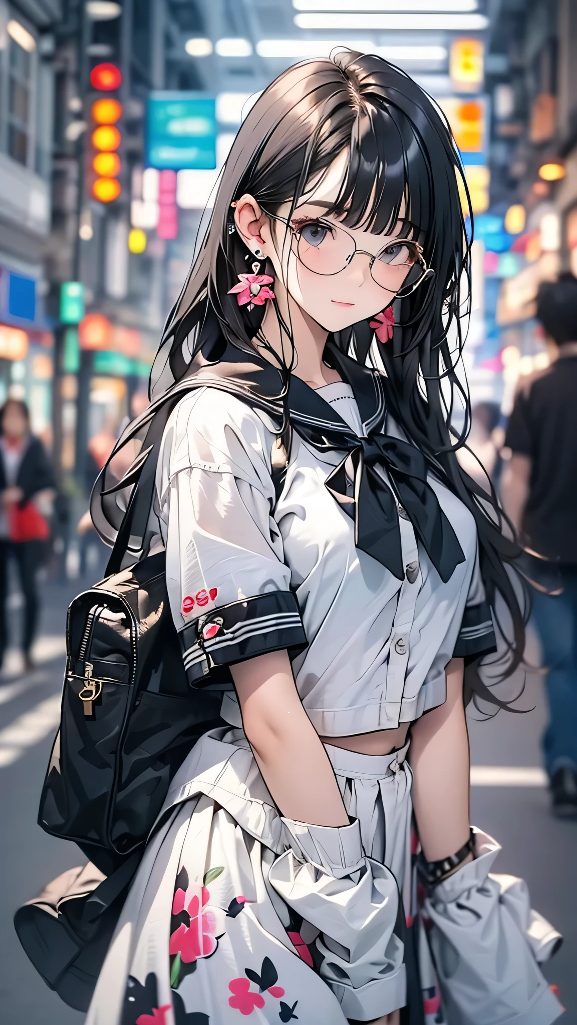 (masterpiece, top quality, best quality, official art, beautiful and aesthetic:1.2), (1girl:1.2), extreme detailed, colorful, highest detailed ((ultra-detailed)), (highly detailed CG illustration), ((an extremely delicate and beautiful)), solo, standing,(middle breasts, black hair, long twintails:1.4), blue eyes, ribbon choker, glasses, looking up,(serafuku, school uniform, school bag:1.3), skirt lift, ribbon strap panties, solo focus, portrait, hand up, (v:1.2), shibuya \(tokyo\), night,<lora:flat2:-1>