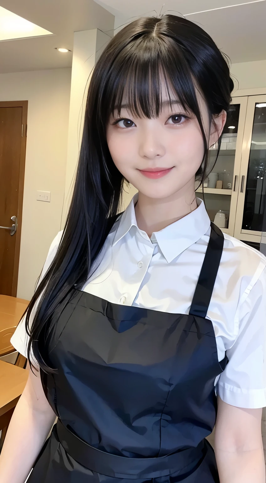 (Highest quality,masterpiece:1.3,Ultra-high resolution,),(Very detailed,Caustics),(Realistic:1.4,RAW shooting,)Ultra-Realistic Capture,Very detailed,High resolution 16K human skin closeup。 Natural skin texture、,pores、、、、It must be detailed enough to be easily identifiable。 Skin tone is even and healthy looking。 Use natural light and colour,restaurant,Waitress Uniform,1 girl,Japanese,18-year-old,cute,Black-haired,ponytail,Big Breasts,smile,Turn your body forward,(Front view:1.1),Looking into the camera,Cowboy Shot,