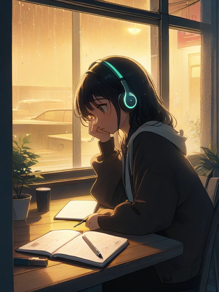 雨の降る夜の都会のカフェで、 on the window glass, and the city's neon lights and car headlights reflect raindrops on the window glass 。
The girl wears earphones 、 spreads her notebook and pen and heads to her desk 。
The girl's expression is somewhat relaxed while concentrating 、 The dim interior is illuminated by warm colored lights 。
The girl's expression is concentrated yet somewhat relaxed 、 creates an atmosphere where music is quietly flowing from the earphones 。
, which depicts a girl there in a lo-fi style and in an anime style {x} incorporates color schemes and soft shadows that make you feel calm and nostalgic overall、 emphasizes the lo-fi worldview at an urban cafe on a rainy night 。