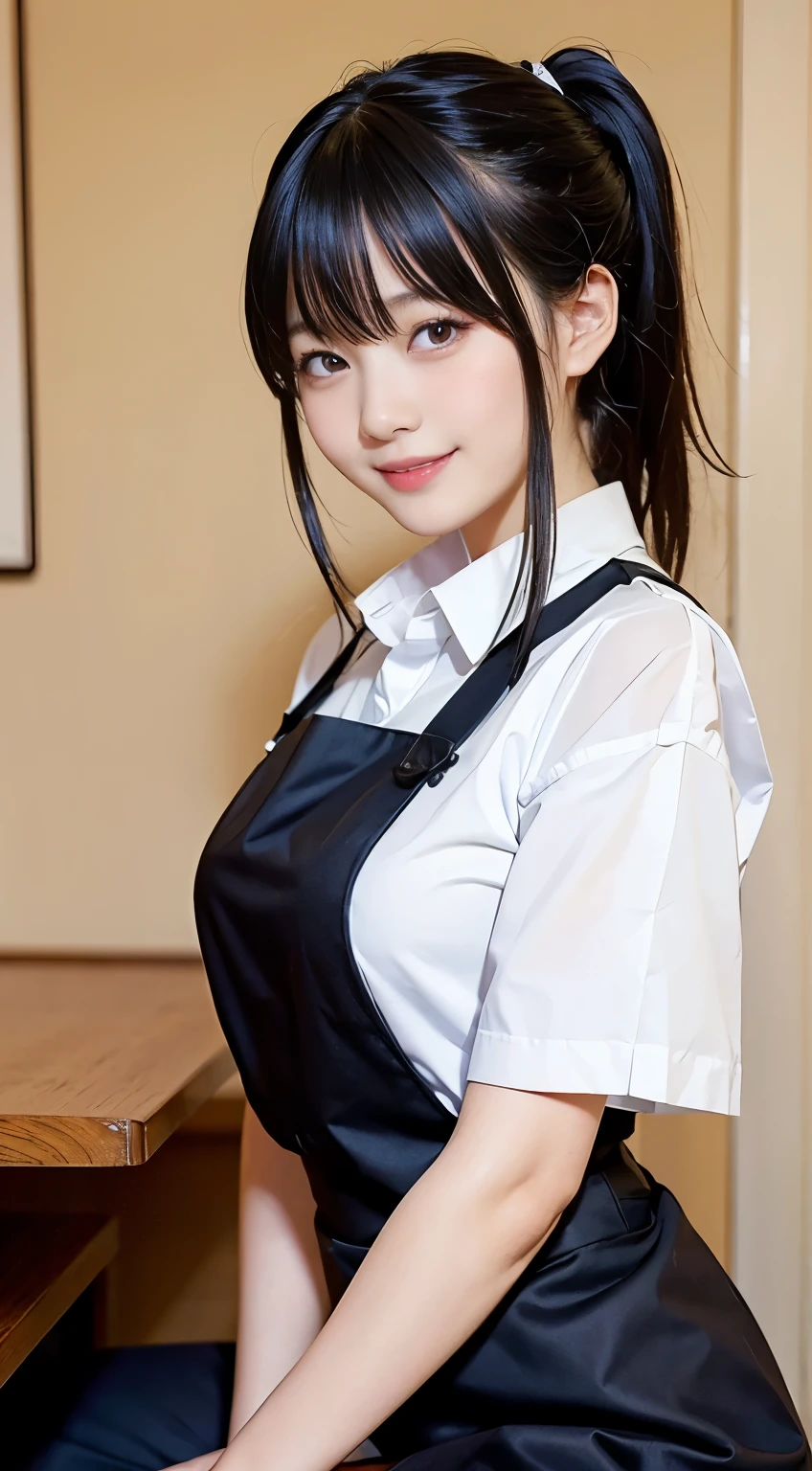 (Highest quality,masterpiece:1.3,Ultra-high resolution,),(Very detailed,Caustics),(Realistic:1.4,RAW shooting,)Ultra-Realistic Capture,Very detailed,High resolution 16k human skin closeup。 Natural skin texture、,pores、、、、It must be detailed enough to be easily identifiable。 Skin tone is even and healthy looking。 Use natural light and color,restaurant,Waitress Uniform,1 girl,Japanese,18-year-old,cute,Black-haired,ponytail,Big Breasts,smile,Turn your body forward,(Front view:1.1),Looking into the camera,Cowboy Shot,
