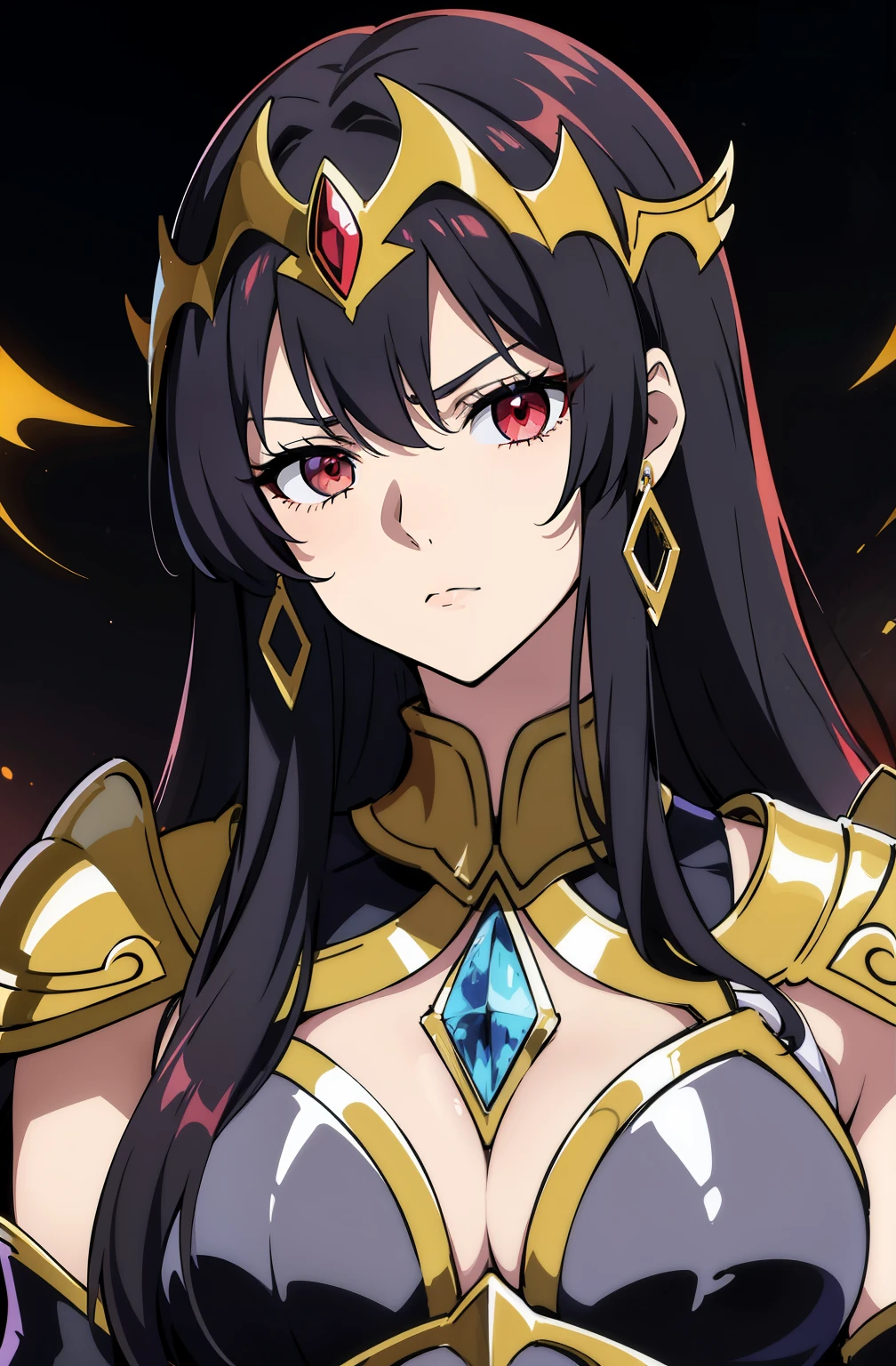(high-quality, breathtaking),(expressive eyes, perfect face) 1girl, female, solo, adult woman, black color hair, red streaks in hair, crimson red eye color, long hair length, Symmetrical Eyes, portrait, halfbody, upper body, blank stare, gold shoulder pads, purple armor, breastplate, spectre armor, saint seiya inspired, evil queen vibe, cold expression, accessories, jewellery, half open eyes, saint seiya god cloth