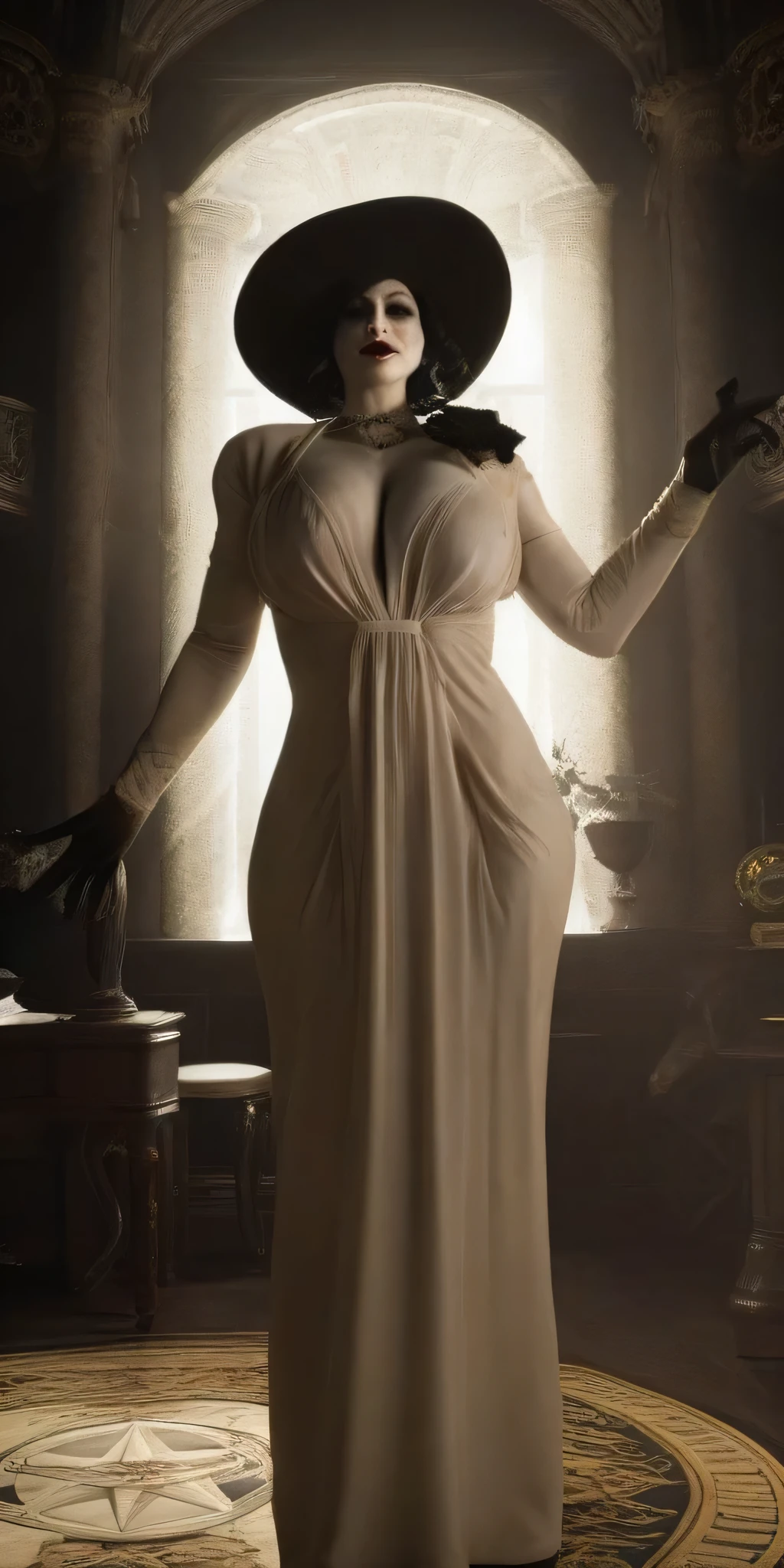 Horror-themed a woman (((( lady Dimitrescu she is totally naked!!!))))And a hat , big breast, smile, yellow eyes, claws . mysterious, unsettling, Dark, creepy, suspenseful, grim, highly detailed (((she looks completely naked with her spectacular body!!!)))))))desnuda
