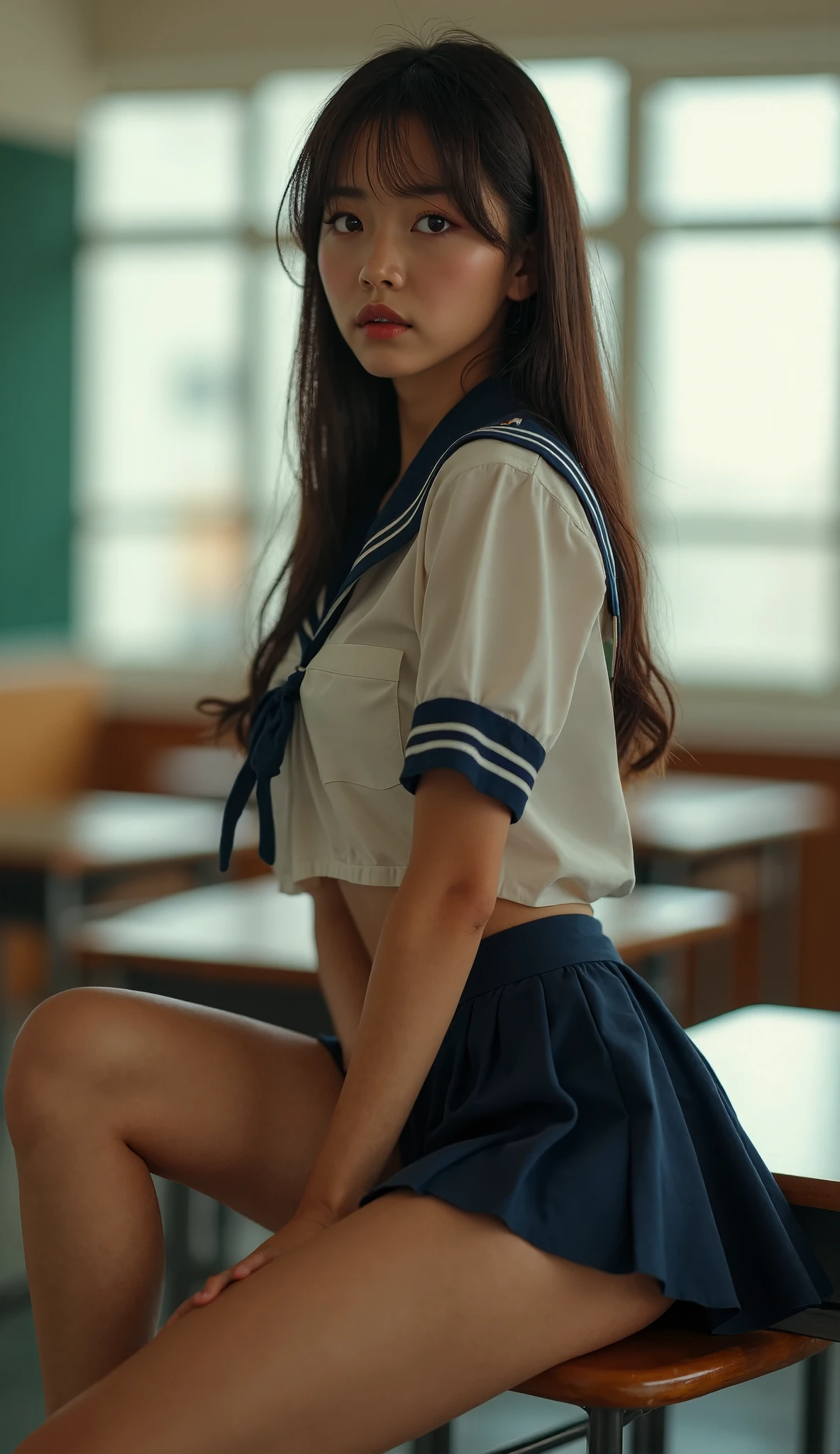  high school classroom 、1 Female、 Japanese high school girl 、Super beautiful、Facial beauty、18 years old、 model、Full body shot、My gaze is looking at the camera 、 sit on a chair with legs open、 open leg pose like Sharon Stone、Spreading legs、Open your crotch、 brown hair、 makeup on one eye、 high school uniform 、 short skirt、Bare legs