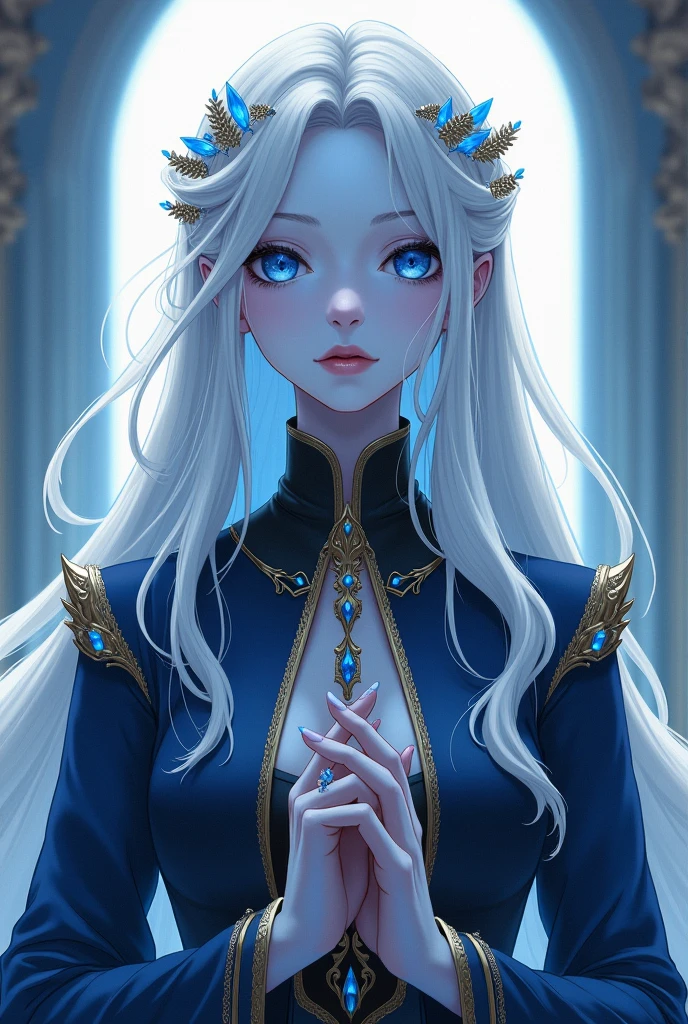 1girl with long white hair lounging on a throne in an old stone castle, bright colors, detailed, elaborate long blue dress, foliage through the stone walls, glowing blue eyes, elegant(masterpiece:1.4),(best quality:1.4),(shiny skin),realistic