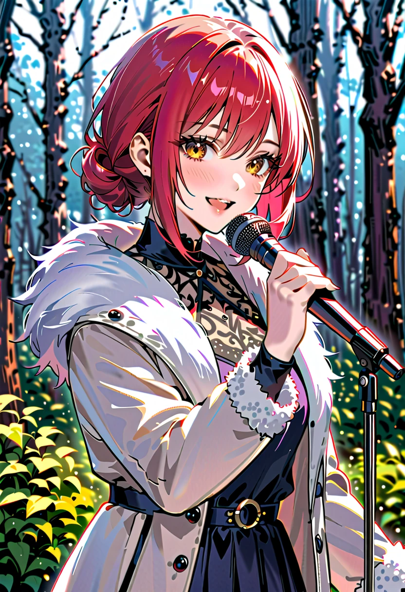  1 woman 、Forest background 、Daytime、 standing alone、 age is 35、winter服、delicate、winter、 hairstyle is wolf hair 、 red hair、The clothes are black、Golden Eyes、Smile、's greatest masterpiece、singer、Sing in front of the microphone