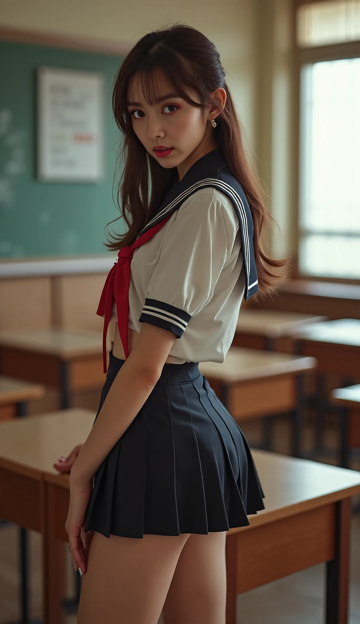  high school classroom 、1 Female、 Japanese high school girl 、Super beautiful、Facial beauty、18 years old、 model、Full body shot、My gaze is looking at the camera 、 sit on a chair with legs open、 open leg pose like Sharon Stone、Spreading legs、Open your crotch、 brown hair、 makeup on one eye、 high school uniform 、 short skirt、Bare legs