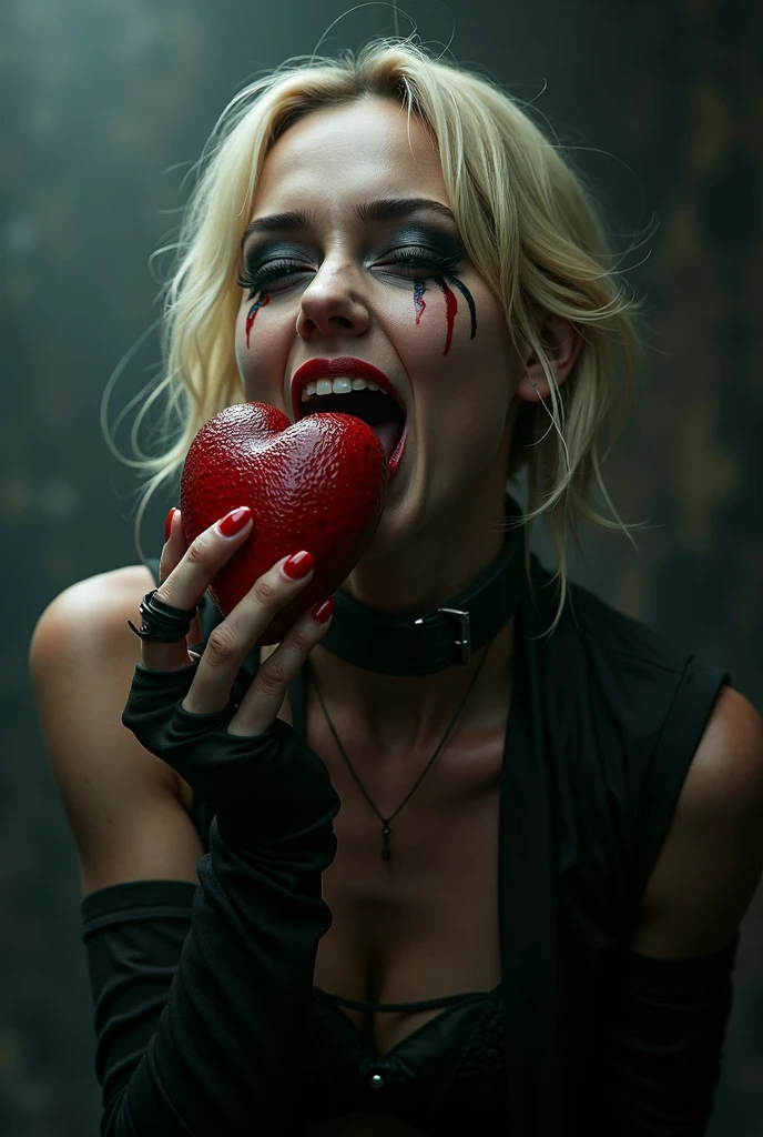a blonde eating a red heart. dark background, nailpolish, real dirty skin, blood and wounds on arms, more_details