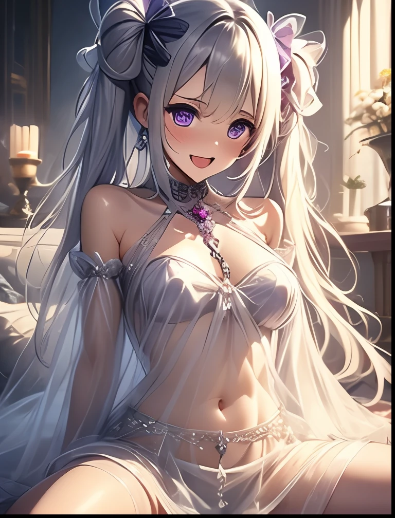 (((SFW、Precision、Highest quality、A first-class masterpiece、Normal body、8k、 Detailed Face 、Ultra-precision、 Normal hand、5refer to、Highest)))、" Spirit Fantasy"、Celia Claire、Celia Claire、 Silver Hair、 twin tails、 short、 slender、Big Breasts、rolled up sheer sheer transparent dress、 sheer sheer transparent mini skirt、Navel exposed、 gentle shy blush smile、 Open Legs Sexy Poses That Make the Highlights Go Away、Chain lead slave collar、The Fall of Slaves、Fall into Darkness、 hypnotic state 、Hypnotic、 Hollow Eyes、Mysterious purple eyes、Obedience、 offer yourself、Open your mouth and serve 、 heart tattoo on abdomen、Slave Room