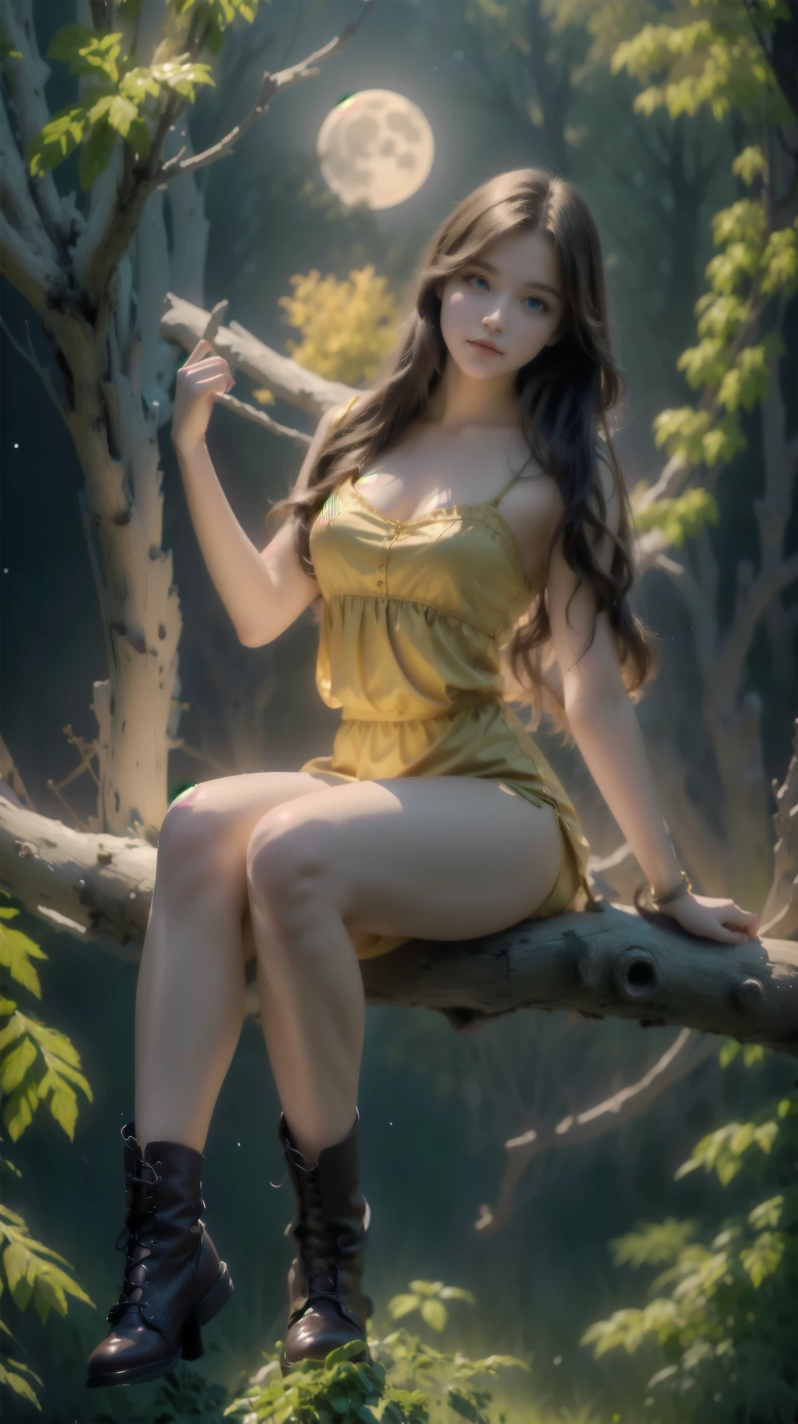 woman dressed in red sitting on a tree branch in front of the full moon, beautiful maiden de fantasia, beautiful fantasy art, very beautiful fantasy art, beautiful maiden, Fine art UHD 4K , Karol behind uhd, beautiful digital artwork,   4k fantasy art    ,   fantasy art style  ,   8k stunning artwork  , beautiful and stunning digital art, beautiful digital art, Woman fantasy,  (tanned, Muscular, , small,  , ,  s smalls,   chibi, SD Character:1.1), 
([ long hair]:1.8), ( full body :1.8), (Upper body:0.3), (hyper realistic:1.4), (realistic:1.3), (  best quality real textured skin  ),  detailed eyes ,  detailed face, Persephone, Persephone, (sfw:1.5) Hyperrealistic, LESS saggy breasts, (seios smalls:1.5), (huge legs:1.5), (LESS THIGHS:1.5),   perfect legs  ,   perfect legs  , legs added , legs added  e perfeitas,   shapely legs ,   shapely thighs, legs added , Smooth thighs. (  erotic pose  :1.5), (  thick eyebrows :1.2), (big purple eyes:1.2), (  Ultra-detailed eyes  :1.4), (  High-resolution eyes  :1.1), (   ultra detailed skin texture   :1.4), ( long boots :1.1),   camel toe, hermione_Granger_mother_Watson-4400, 