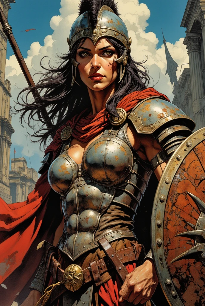 A woman in a suit with a sword and armor, Portrait of a barbarian woman, Portrait of a Barbarian Woman, A Barbarian Warrior Woman, A Warrior Woman, Karol for UHD, A very beautiful barbarian woman, A Very beautiful Berserk woman, A warrior Woman, Gerald Brom Style, A Beautiful warrior Woman, Karl Kopinsky, Gerald Bromine. saturated colors --auto