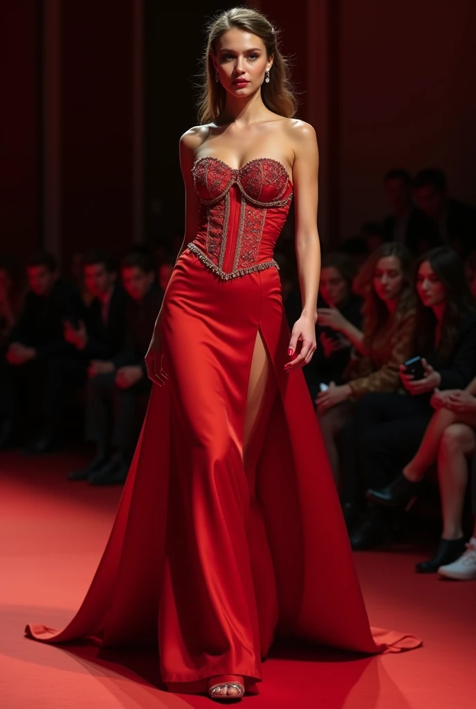 professional photo of 1 girl, full body photo, at the catwalk, paris fashion week, masterpiece, detailed outfit, , photoRealistic, intricate-detail、Raw foto、perfect skin, radiant skin, white skin, natural makeup, Trending in art stations, 16K, Masterpiece 20 yrs, 170 height, very light brown medium Hair, mix of taylor hill face, Yael Shelbia face, amber heard face, emily didonato face and irina shayk face, beautiful face, real face, small nose, sweet girl, jaw dropping beauty, smiling with dimples, very white teeth, uper teeth, curly hair, blue eyes, beautiful eyes, seductive smile, full lips, big volume lips,(Masterpiece), (Realistic), (best quality), (16K), ultra-detailed, UHD, RAW, (1 Woman), beautiful young woman, perfect straight nose, most beautiful straight nose, outstanding beautiful woman, transparent red lipstick, wearing a red strapless split dress,full body photo,, Super detail body, perfect body, perfect legs, confident woman,  at the catwalk paris fashion week, {back shot}, ultrasharp, image clarity, Canon EOS M50,Hybrid AF with 179-point focal plane phase detection and 25-point contrast detection nikon500, Happy smile, elegant pose, stylish, prada summer collection, haute couture dress, multicolor dress with intricate details, prada evening dress embrodery details, front light,very good light on her face to accentuate her beautiful face, white skin, beautiful texture of the skin,image clarity, full model pose, distant view, at the catwalk, paris fashion week, she is a fashion model, full body photo,perfect legs, bottom angle, full body model pose,elegant pose, sideway angle, wide shot,  flirting with the camera, indoor, front light, happy, smile,