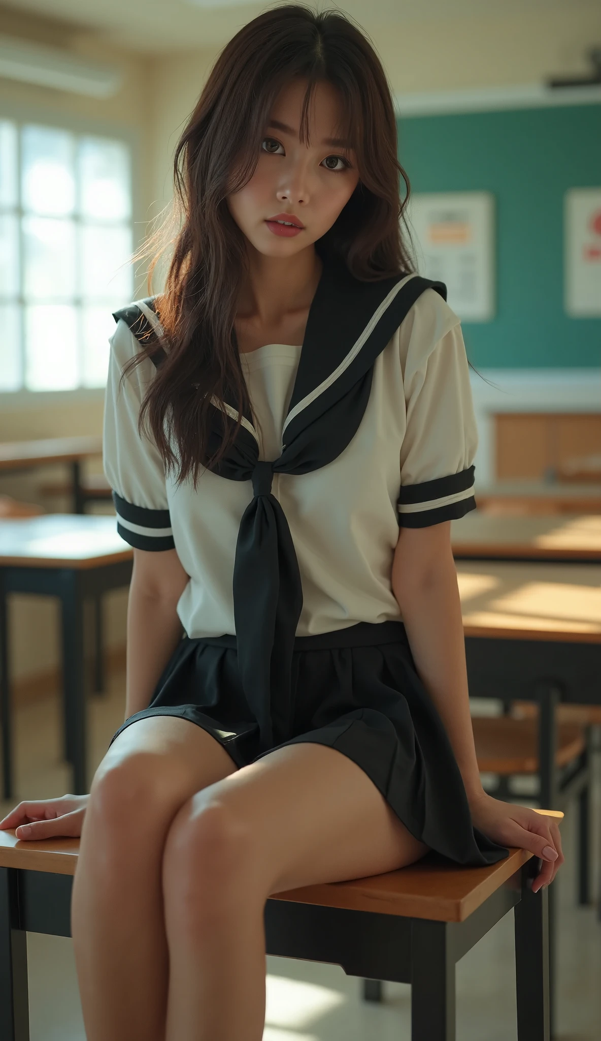 nsfw, 4k, 8k, 16k, masterpiece, best quality, ultra high res, High detail RAW color photo, professional photograph, (realistic, photo realistic), depth of field, Lens Glow, Sony α7, 35mm, f1.8, knees to chest,  1 school girl, (high detailed cute face:1.1), high detailed eyes, big eyes, Brown hair, long hair, huge breasts, (tight sailor uniform), (mini-skirt), hugging own legs, (panty shot:1.1), (white panty:1.1), highly detailed background, classroom, open window, curtains, Sunlight shining through, The winds are blowing