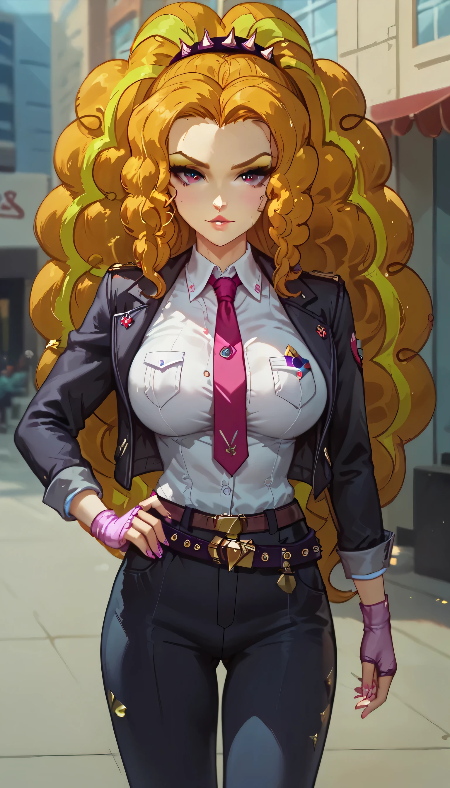 1girls, solo, female_focus, necktie, formal, gloves, suit, , adjusting_clothes, belt, hand_in_pocket, shirt, , jacket, pants, long_sleeves,large breast,Expressiveh,Windows, Building,Adagio dazzleEQG , Pink eyes, Yellow hair ,Long hair