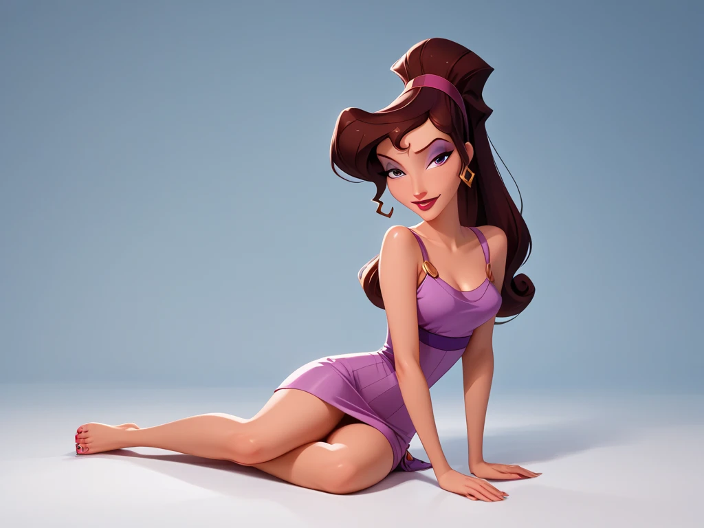 score_9, score_8_up, score_7_up, score_6_up, cinematic film still, 1girl, Full nude body view, BREAK Megara,1girl, solo, brown hair, purple headband, ponytail, thin face, naked, naughty face, small-medium beautiful feet, Disney 3D render, ((Megara wearing a tight purple minidress,  stiletto open toes, modeling in a sexy pose, looking seductivrly at viewer, (Megara's face exactly as original Disney character),