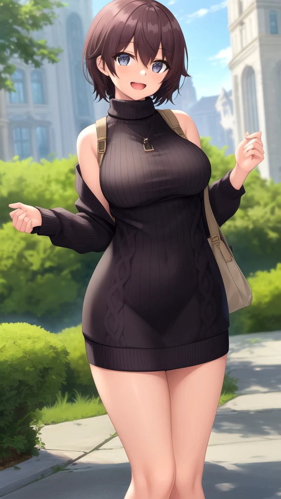 masterpiece, best quality, girl, solo, looking at viewer, noir_stalgia, large breasts, sweater dress, ribbed sweater, virgin killer sweater, turtleneck, sleeveless, standing, smile, open mouth, outdoors 