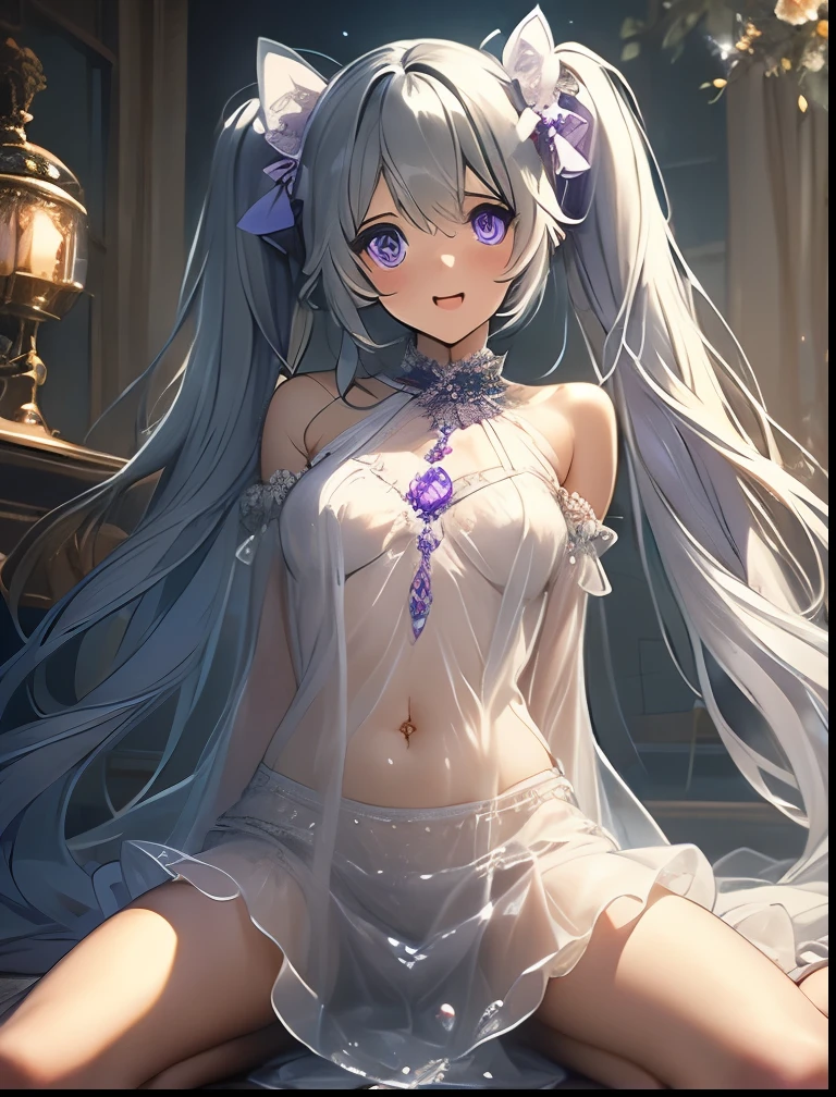 （（（ＳＦＷ、Precision、Highest quality、A first-class masterpiece、Normal body、8k、  Detailed Face 、Ultra-precision、 Normal hand、５refer to、Highest）））、" Spirit Fantasy"、Celia Claire、Celia Claire、 Silver Hair、 twin tails、 short、 slender、Big Breasts、rolled up sheer sheer transparent dress、 sheer sheer transparent mini skirt、Navel exposed、 gentle shy blush smile、 Open Legs Sexy Poses That Make the Highlights Go Away、Chain lead slave collar、The Fall of Slaves、Fall into Darkness、 hypnotic state 、Hypnotic、 Hollow Eyes、Mysterious purple eyes、Obedience、 offer yourself、Open your mouth and serve 、 heart tattoo on abdomen、Slave Room