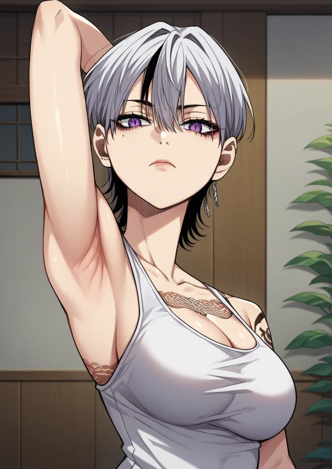 score_9, score_8_up, score_7_up, source_anime, anime screencap, 1girl, solo, dakeda kaneshiro, short hair, white hair, purple eyes, white tank top, cleavage, large breasts, sleeveless, navel, bare shoulders, bare arms, arm behind head, armpit, looking at viewer, head towards viewer, flat face, closed mouth, badhandv4, indoors, from side, from below, snake tattoo