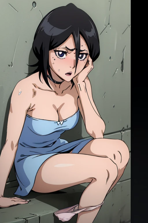 blue hair, ((((((blindfold)))))), tank top, sleeveless, shorts, messy hair, (((hands on the ground, on all fours))), (((chain leash, viewer holding chain leash))), full face blush, smile, long hair, large breasts, cleavage,