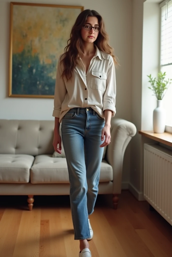 young dark blonde woman sitting on top of radiators, long hair